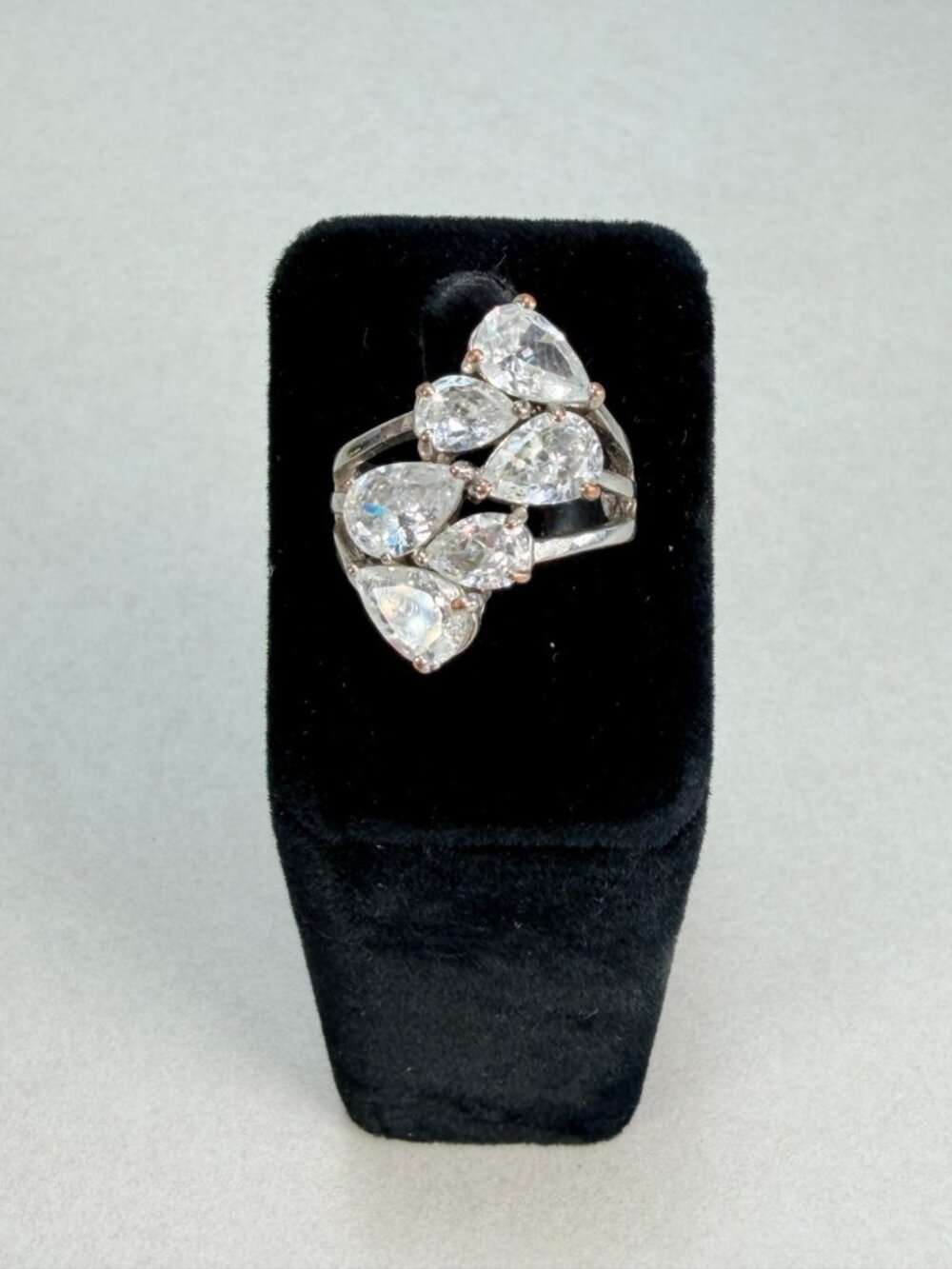 Pear Cut Clear CZ Cluster Ring Silver Tone Statement Cocktail Ring Size 8.25